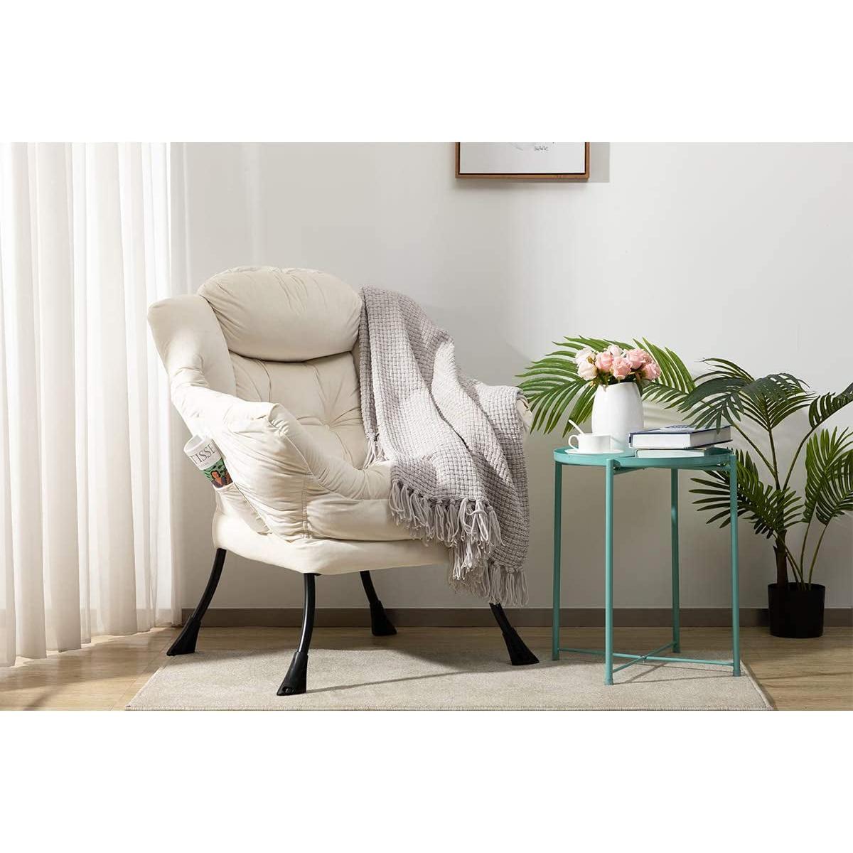 Beige Lounge Chair With Armrests And Pocket For Living Room-3