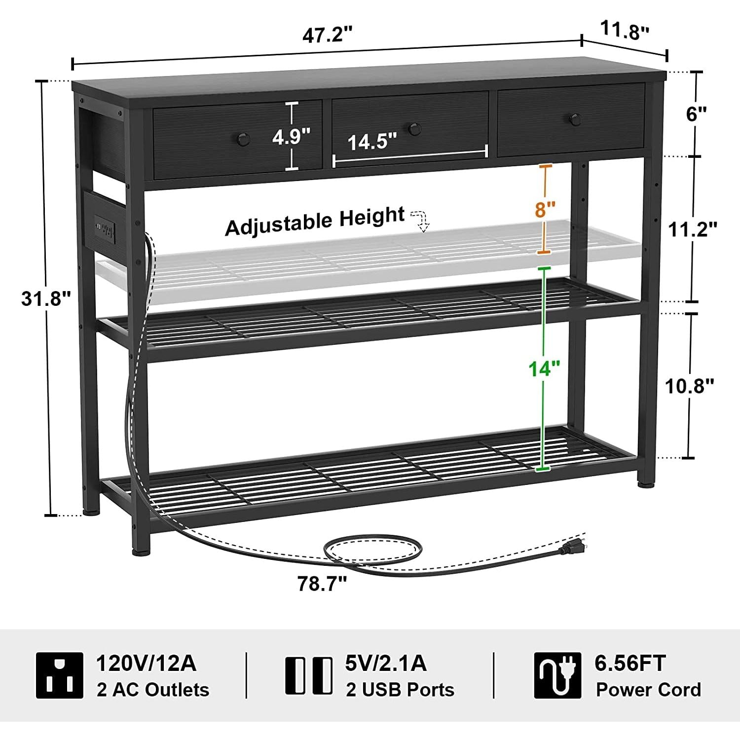Black Console Table With USB Ports And Outlets For Living Room-2