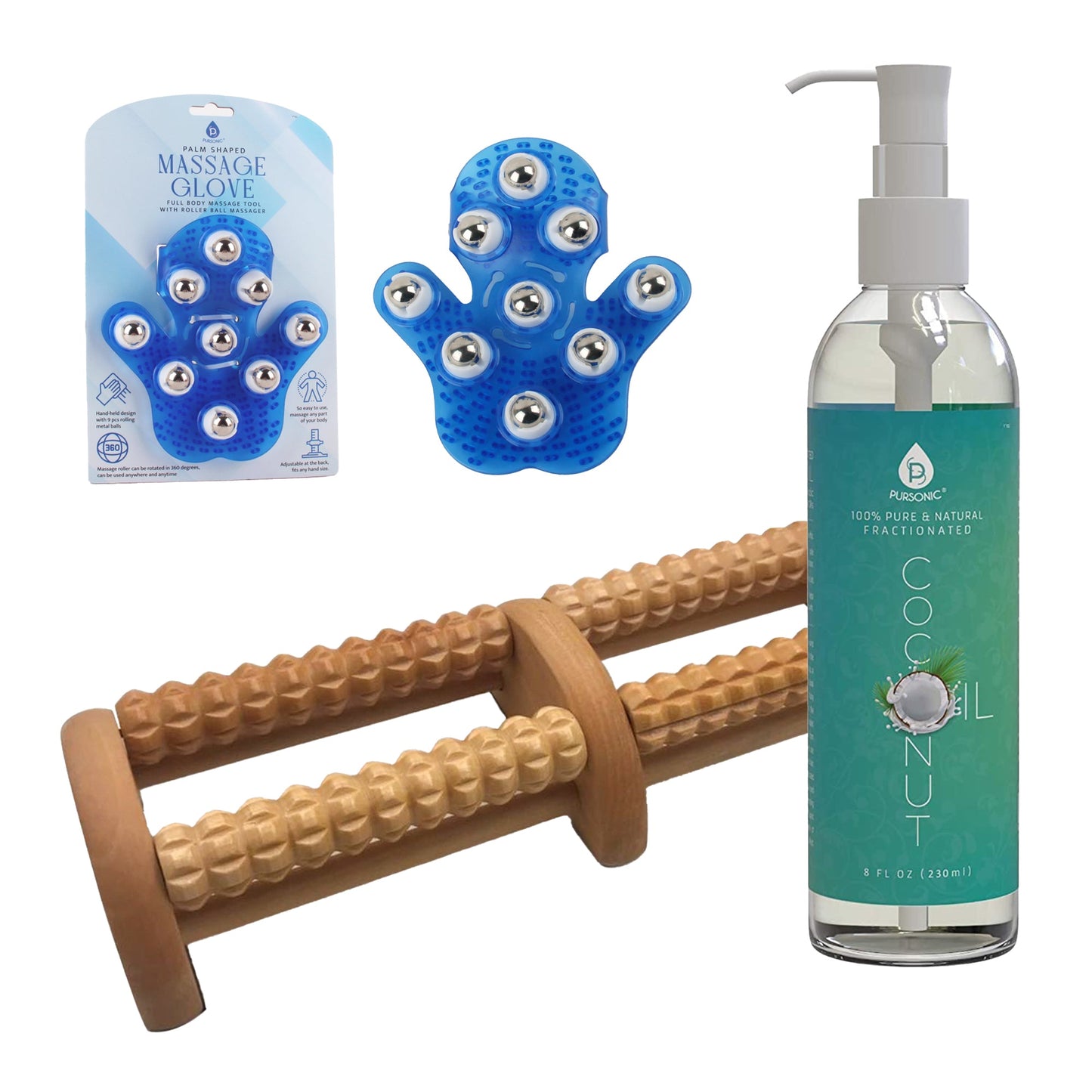 Pursonic Relaxation Gift Bundle: Palm Shaped Massage Glove, Wooden Foot Massager, and Fractionated Coconut Oil-0